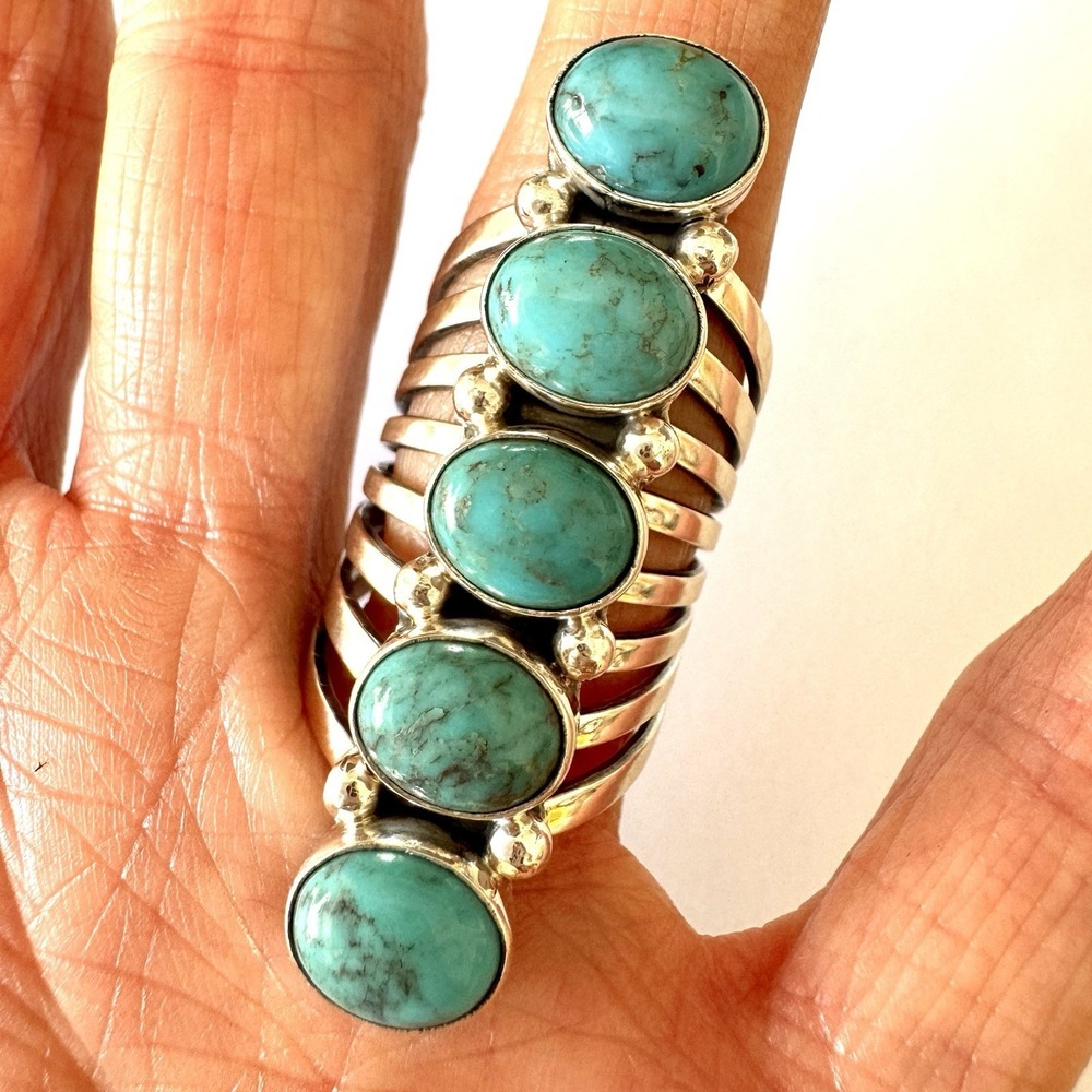 Long Navajo Ring Sz 8 Signed Yazzie Turquoise Sterling Native American 5 Stone